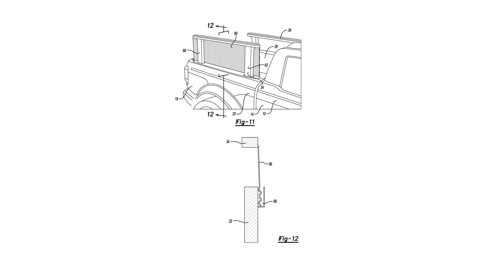 Patent drawing of Ford's deployable bed rail design with integrated privacy screens.