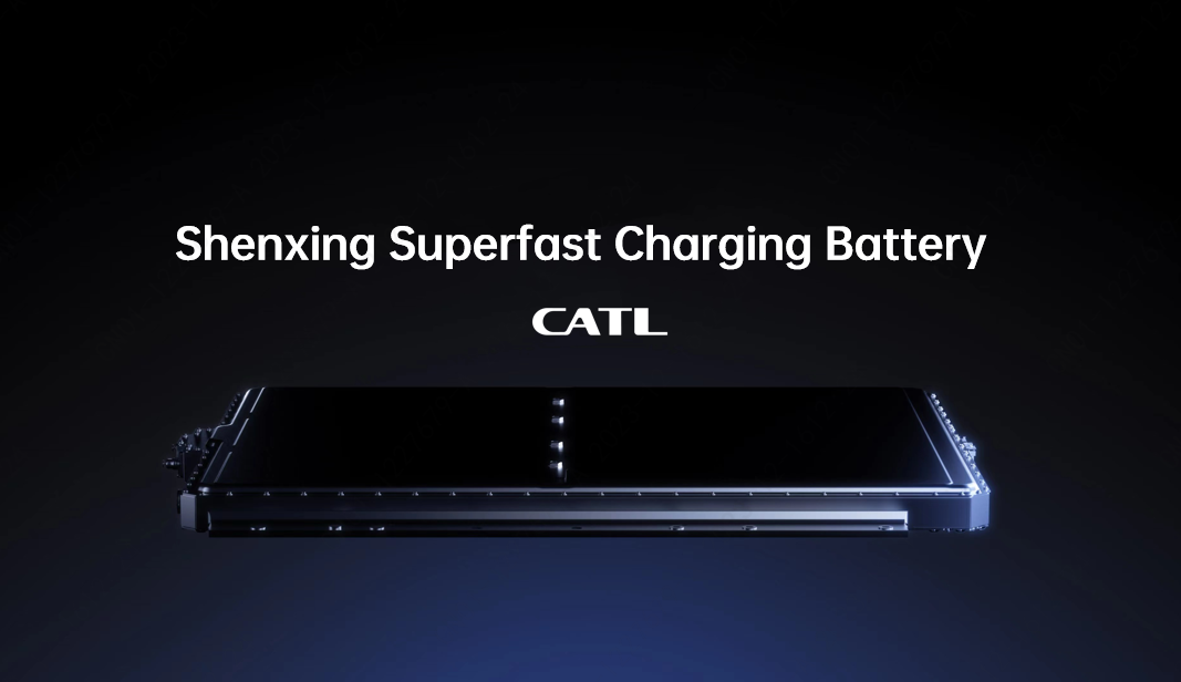 A sleek, black solid-state EV battery with glowing edges displays the text "Shenxing Superfast Charging Battery" and "CATL" against a dark background, highlighting advancements in high-capacity and fast-charging battery technology.