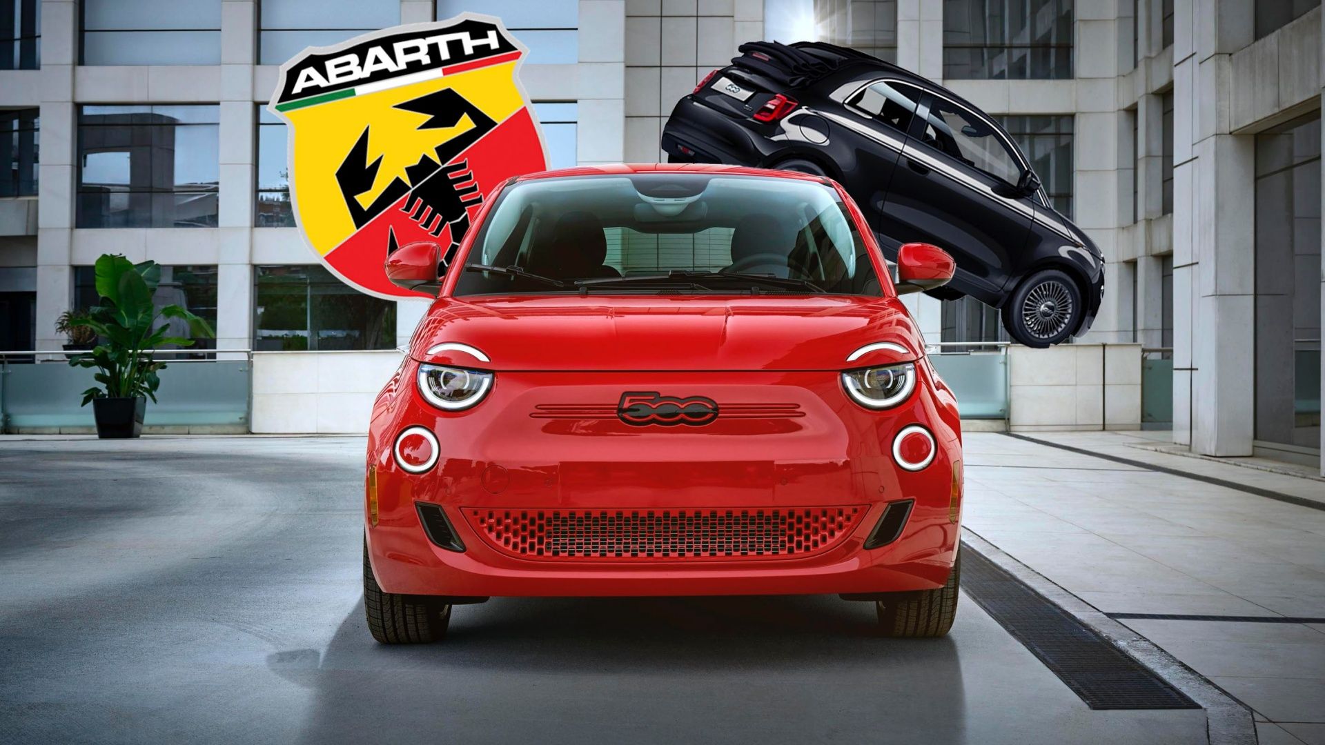 2024 Fiat 500e with convertible and Abarth logo behind it