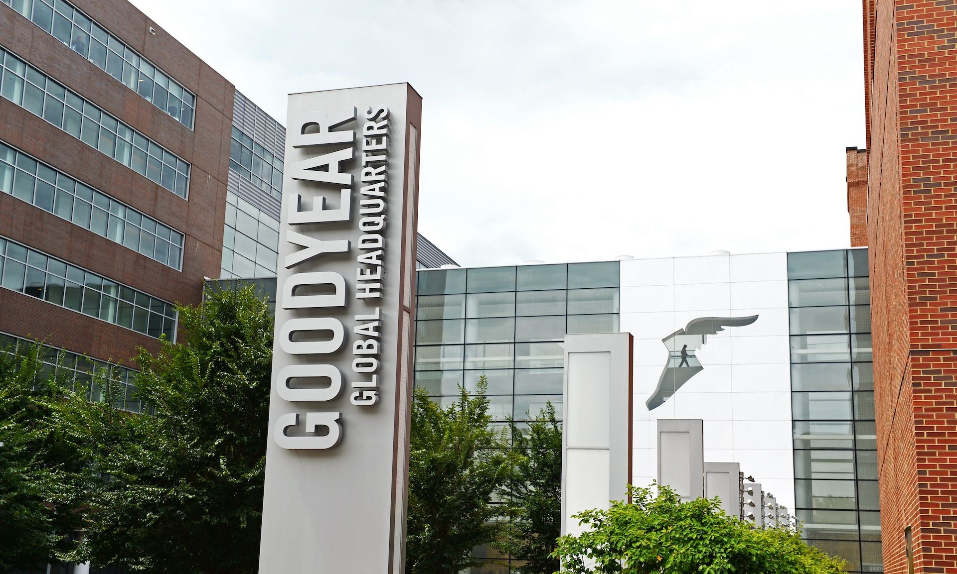 A photo of the facade of Goodyear's Global Headquarters in Akron, Ohio