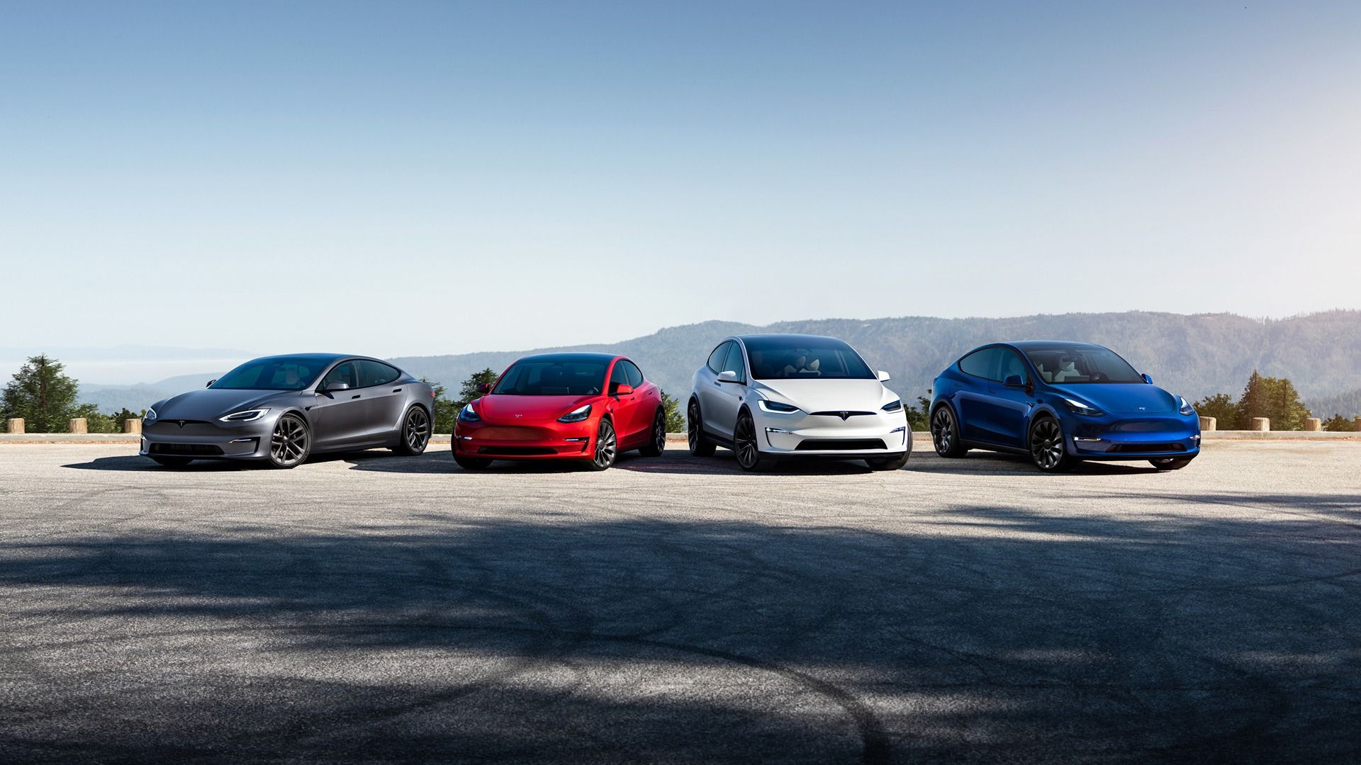 Tesla Model S, Model 3, Model X, and Model Y group shot