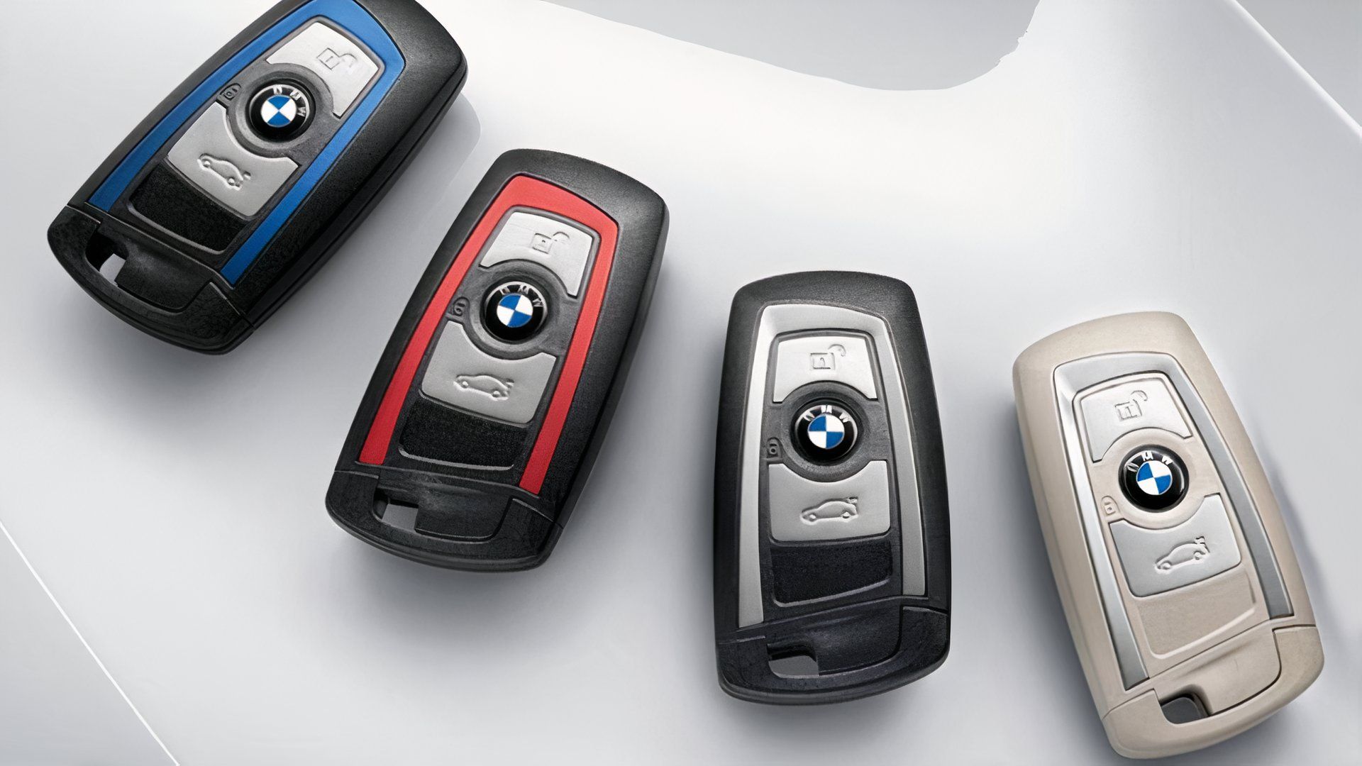 BMW key fobs, arranged in a row