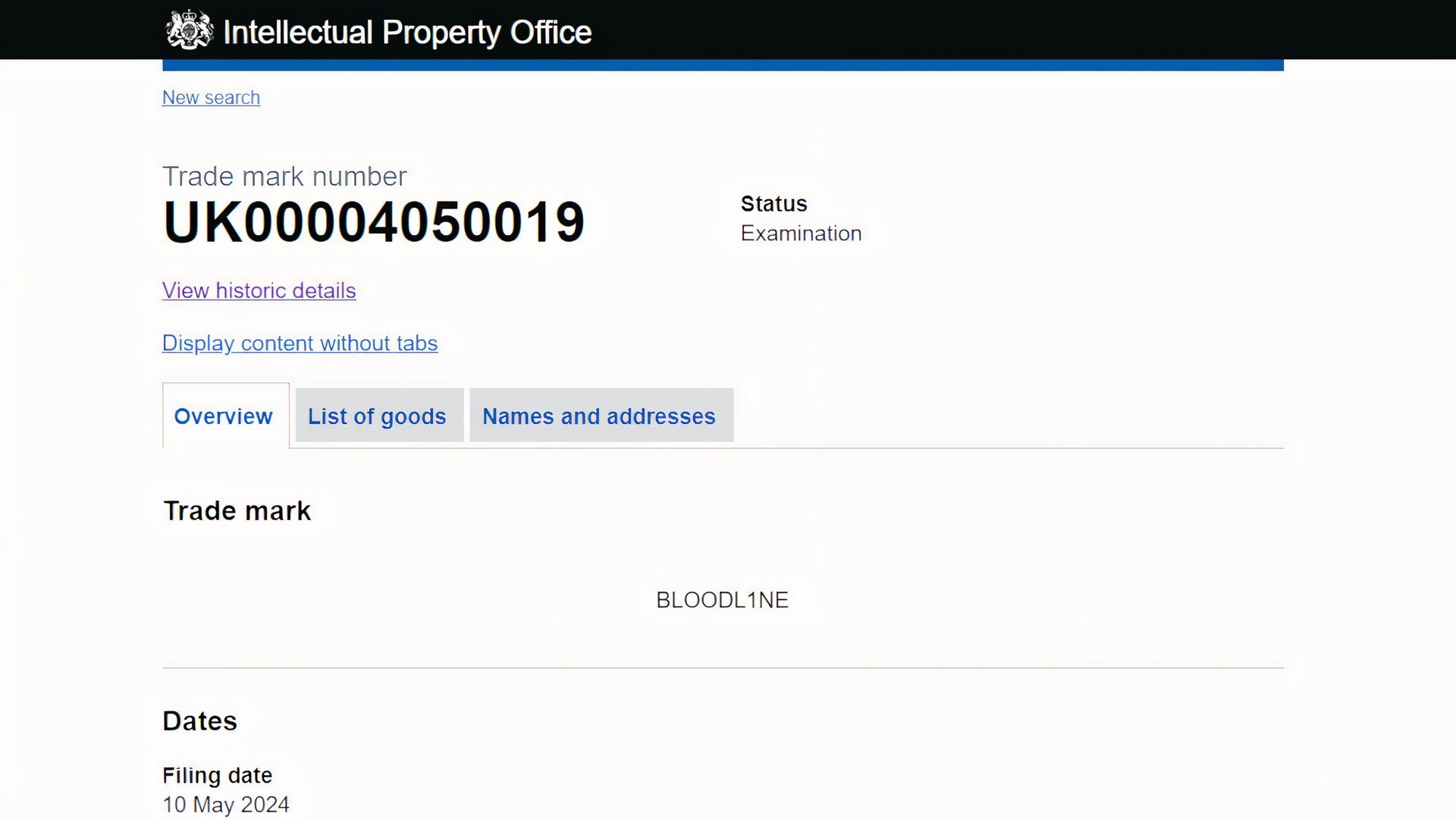 UKIPO McLaren Bloodl1ne Trademark Filing Screenshot
