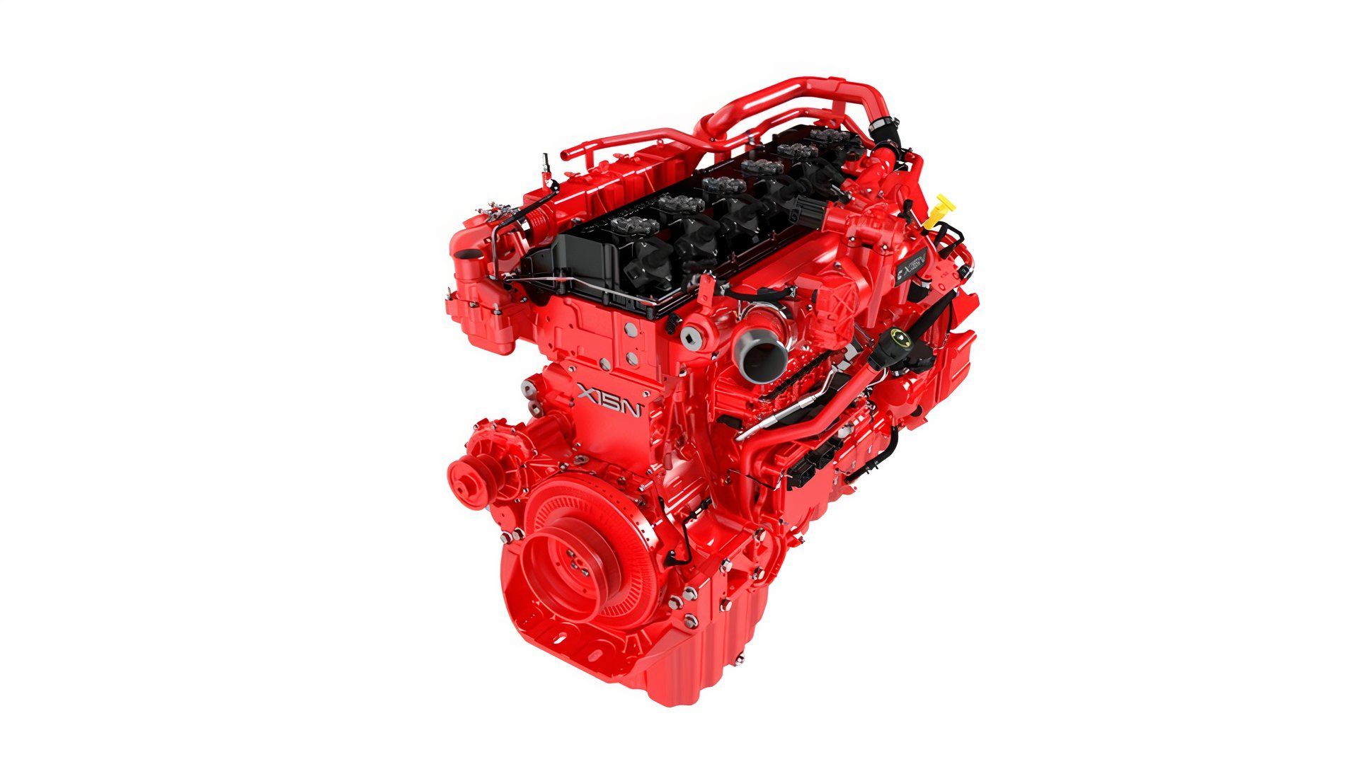 Cummins X15N engine, closeup of engine block, red