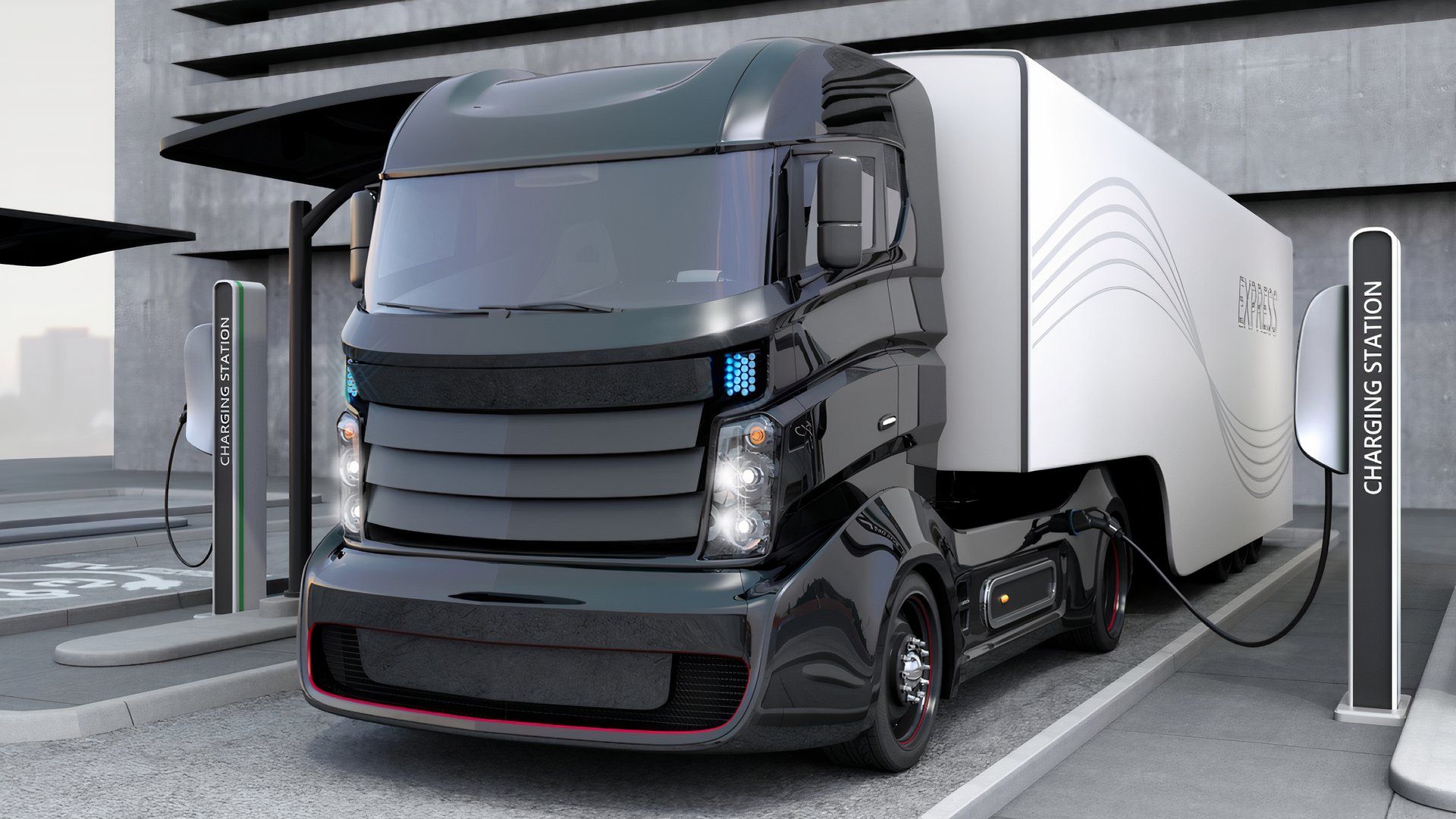 Electric truck charging, front quarter view