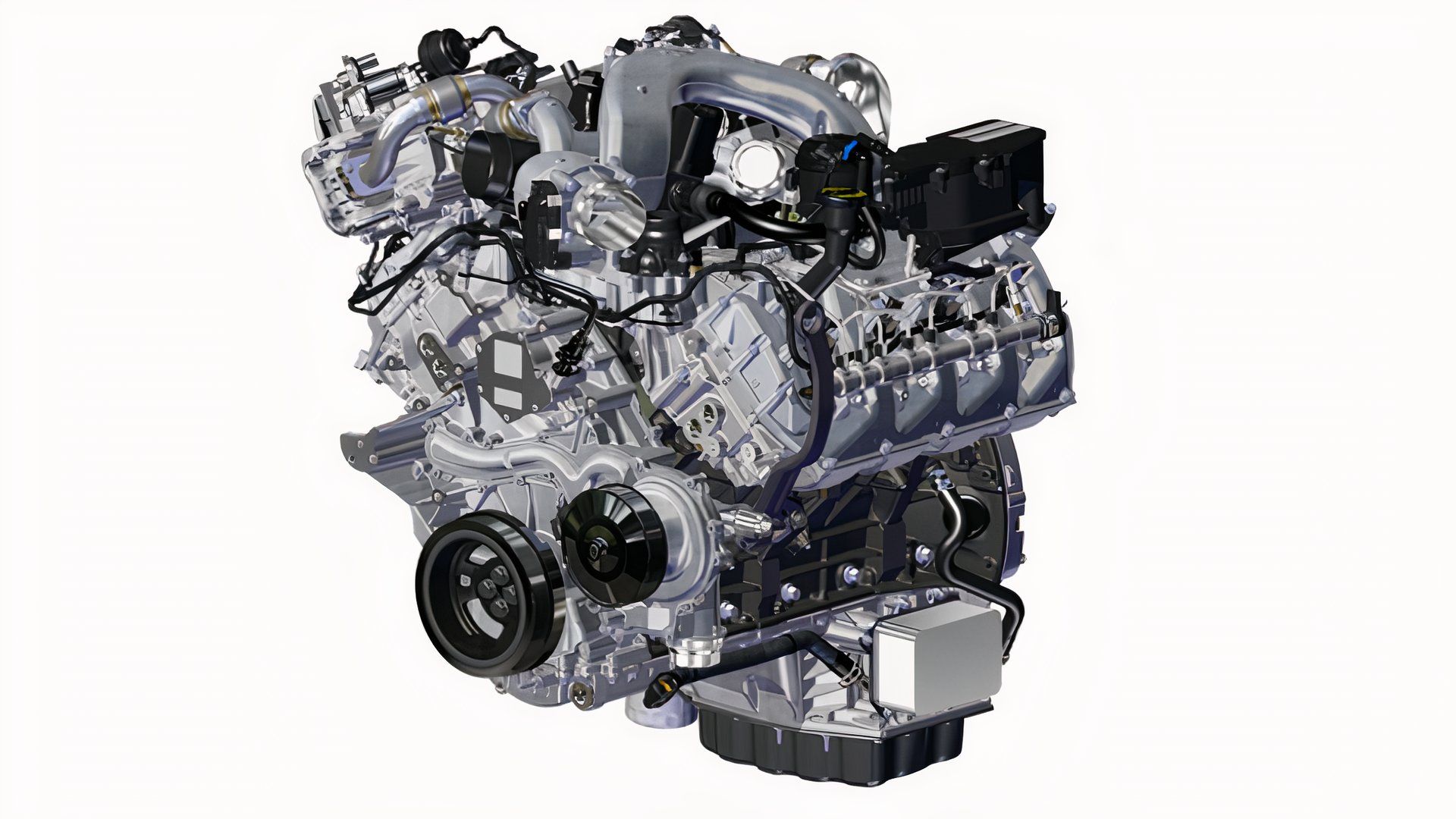 Ford 6.7L Power Stroke Diesel Engine, view of engine block white background