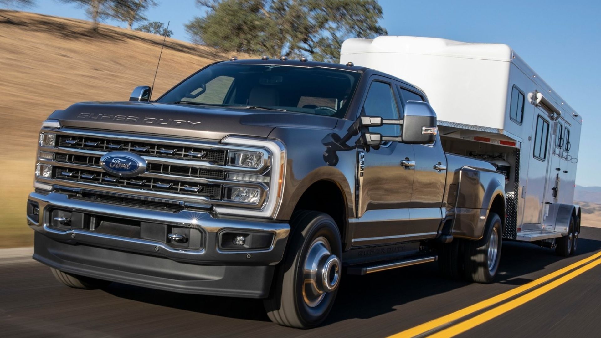 Close-up of the Ford F-350 Super Duty's front grille and towing setup