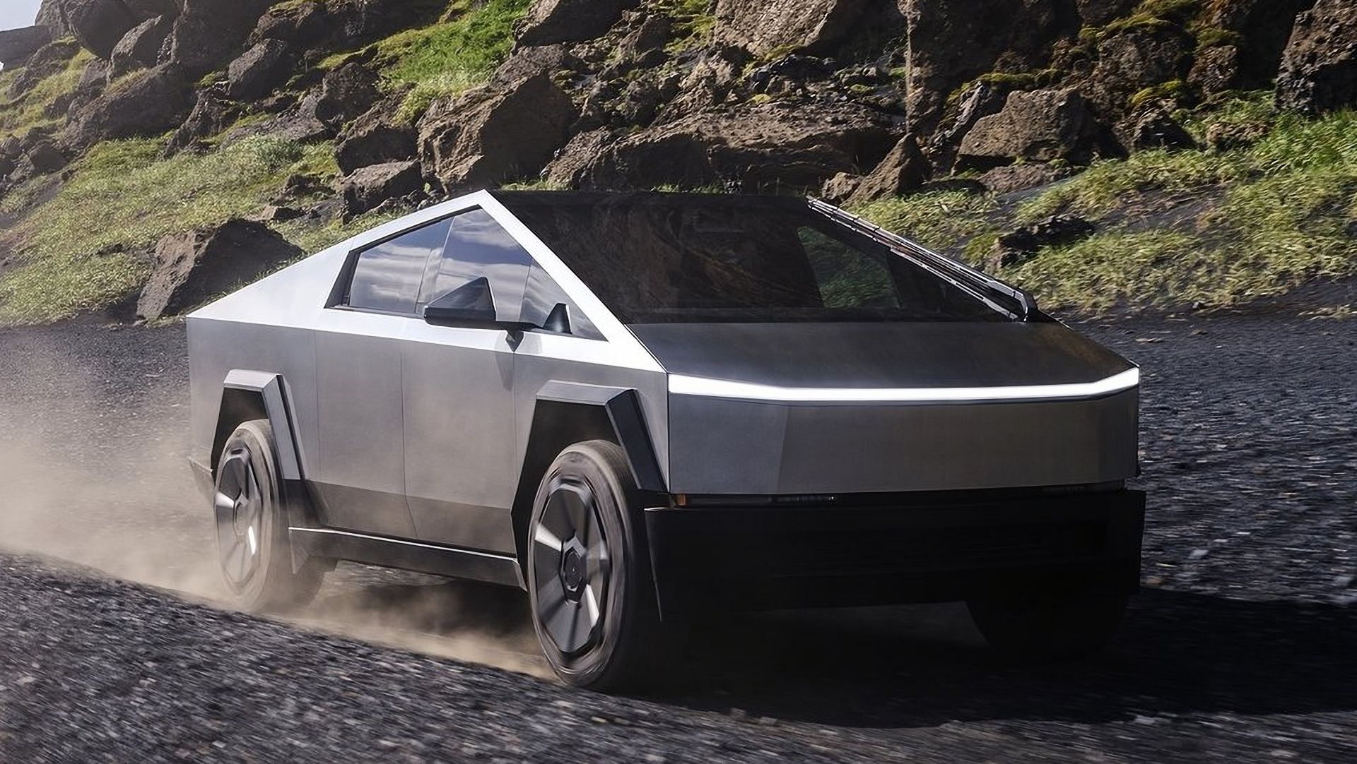 The Tesla Cybertruck driving off road.