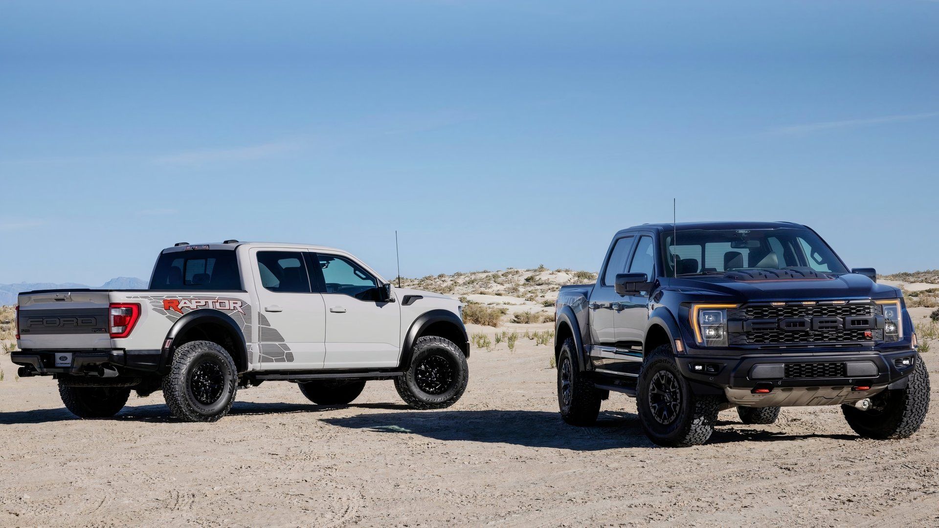 two ford f150 raptor rs black and white
