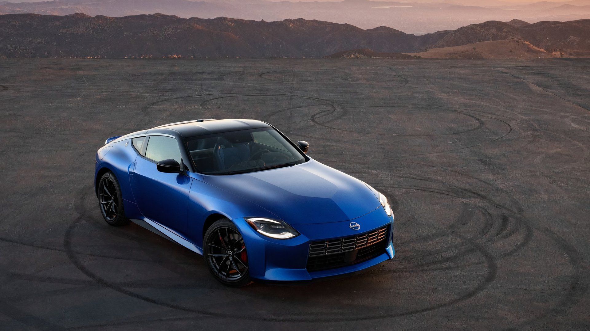 2023 Nissan Z, front quarter view from above, blue