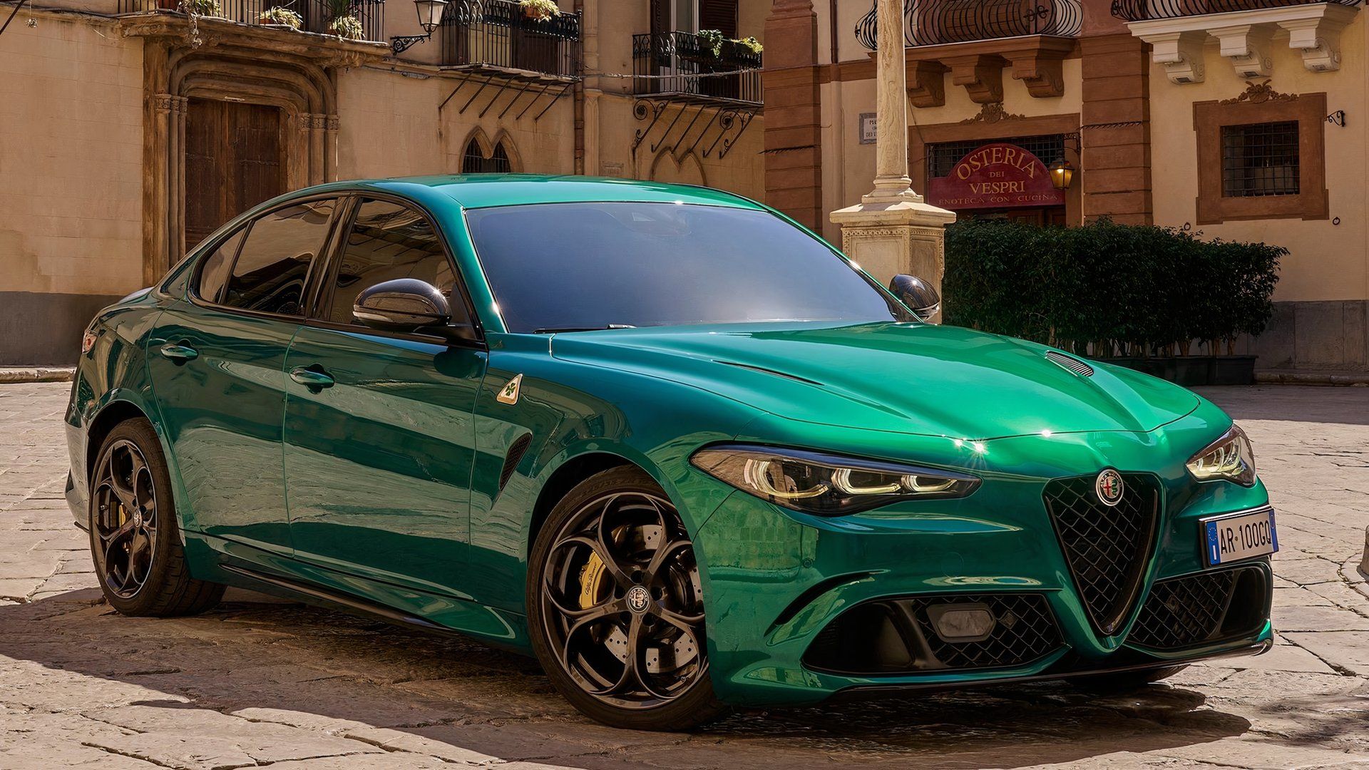 A front quarter view of the Alfa Romeo Giulia Quadrifoglio 100th Anniversary