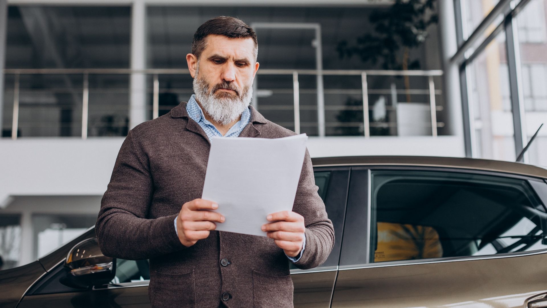 Man reading car dealer paperwork