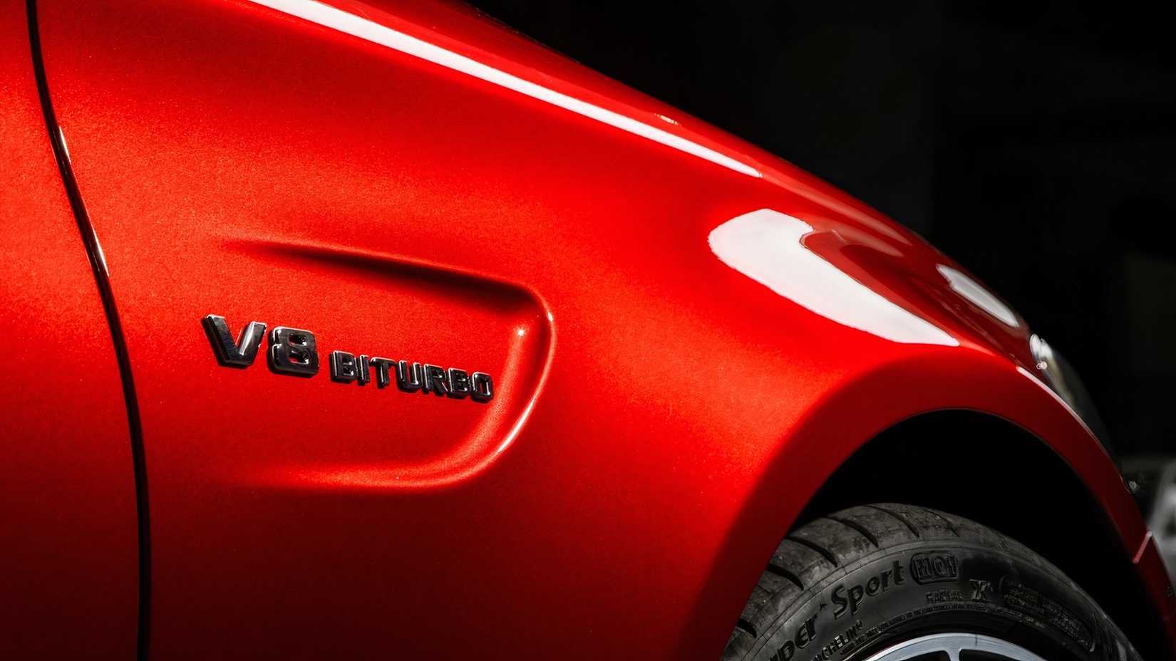 2019 Mercedes-Benz C63 S AMG V8 Biturbo front fender badge close up