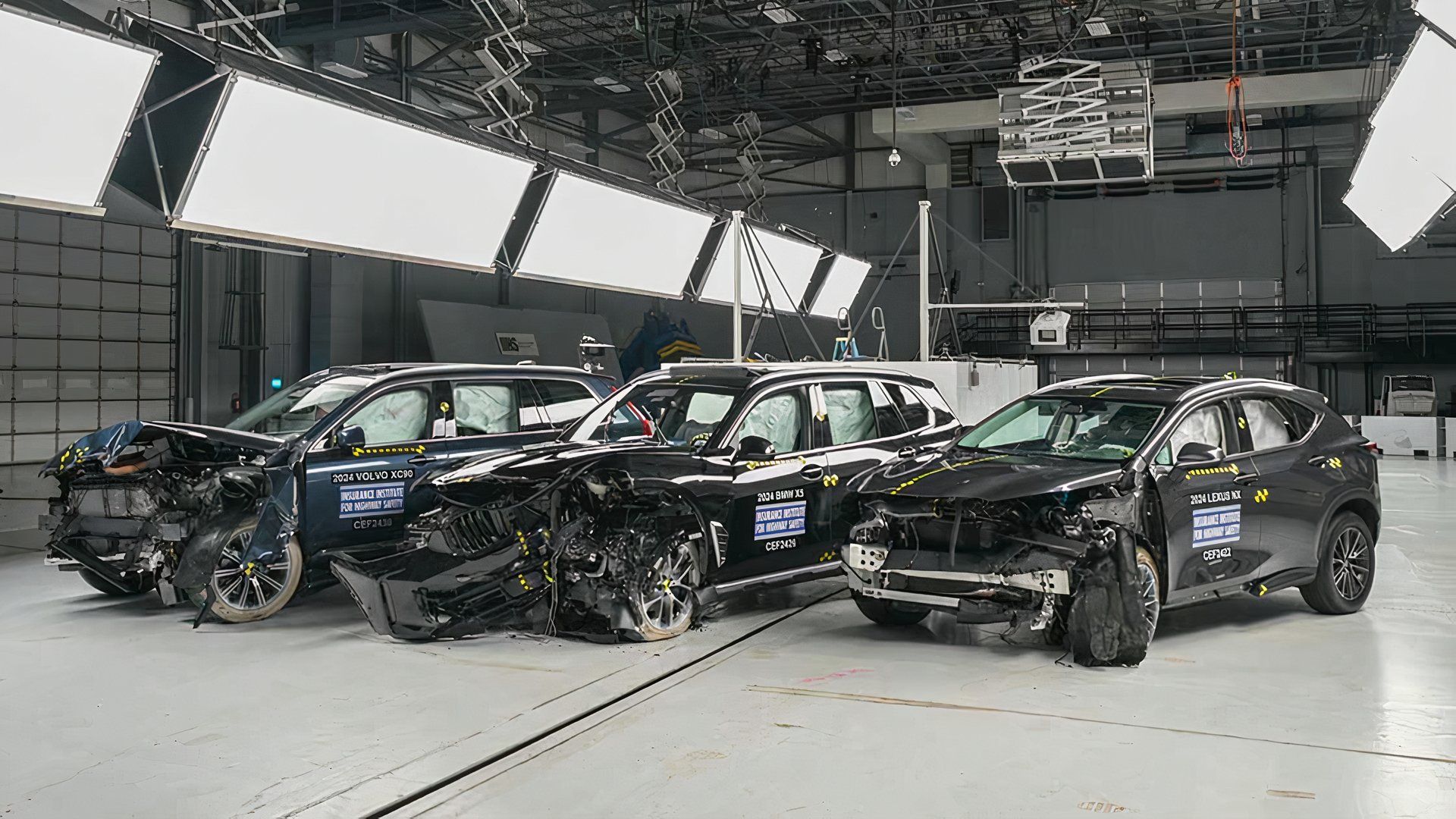 Volvo XC90, BMW X5, and Lexus NX - after crash testing 