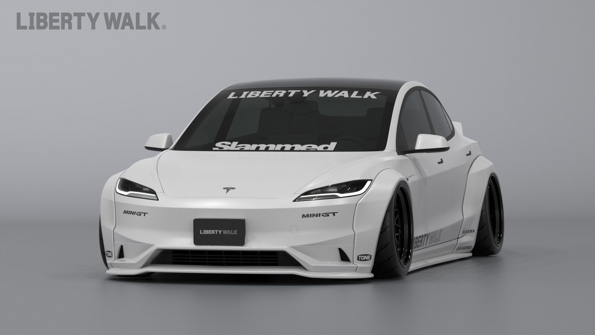 Tesla Model 3 with Liberty Walk body kit - 3/4 front view