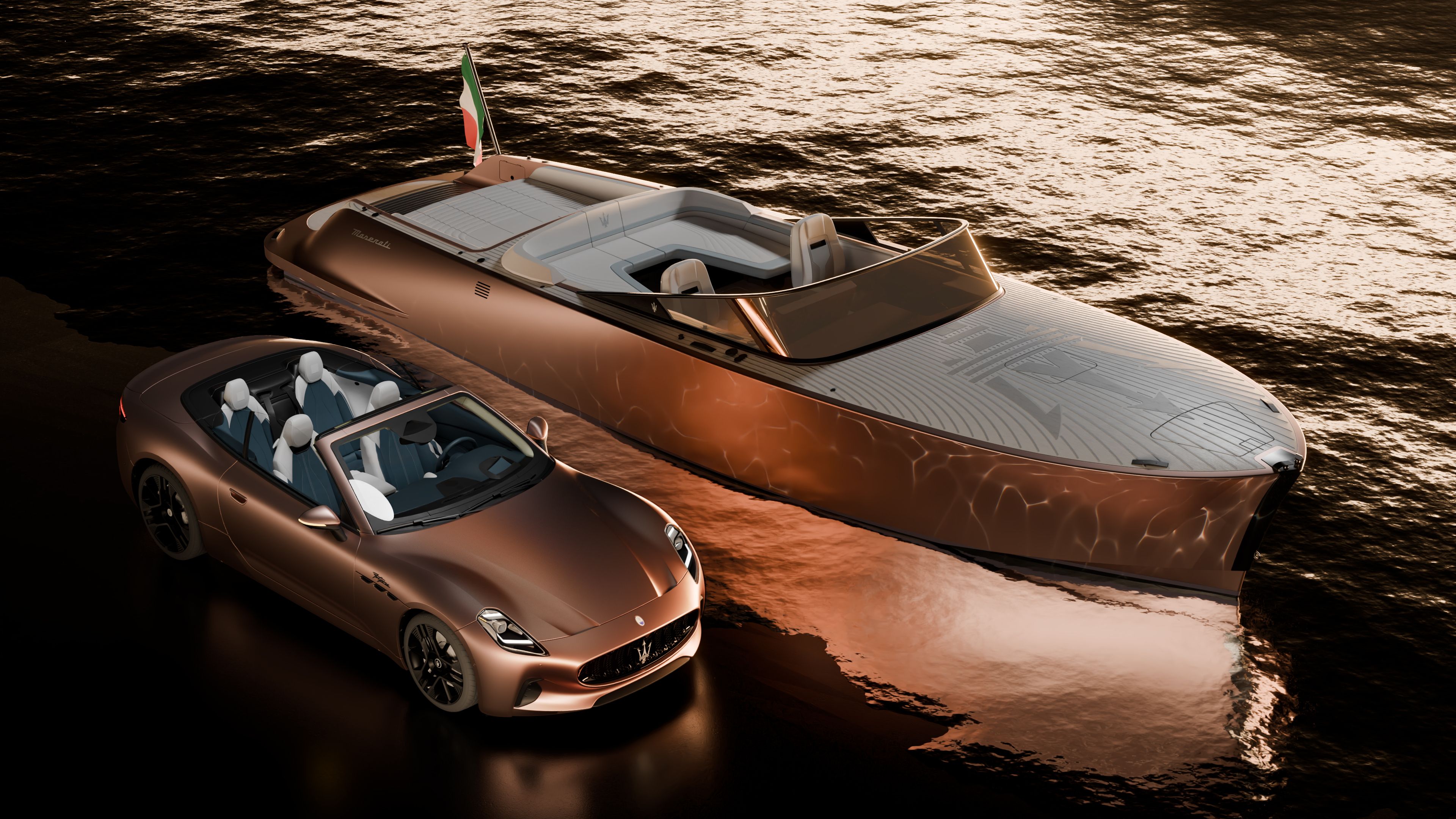 Maseratu GranCabrio and Tridente Boat, Front 3/4 top angle