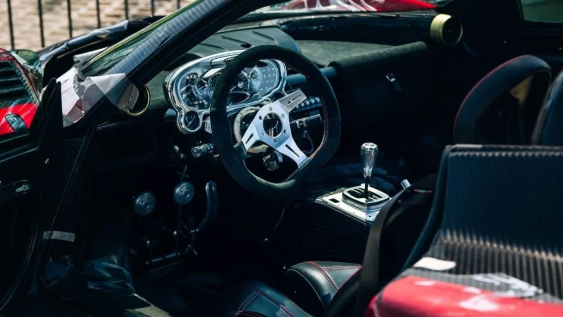 The interior of a one-off Pagani Zone with a manual transmission