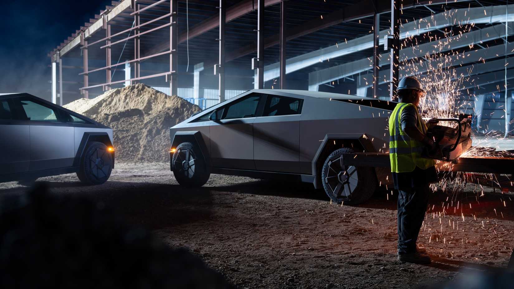 2024 Tesla Cybertruck Rear Angled View on Construction Site