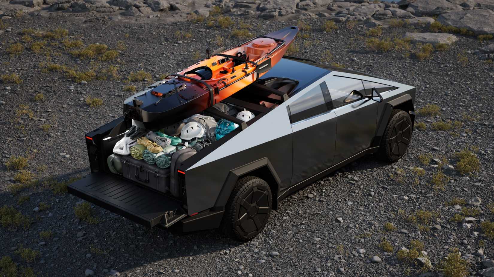 2024 Tesla Cybertruck High Rear Angled View Loaded