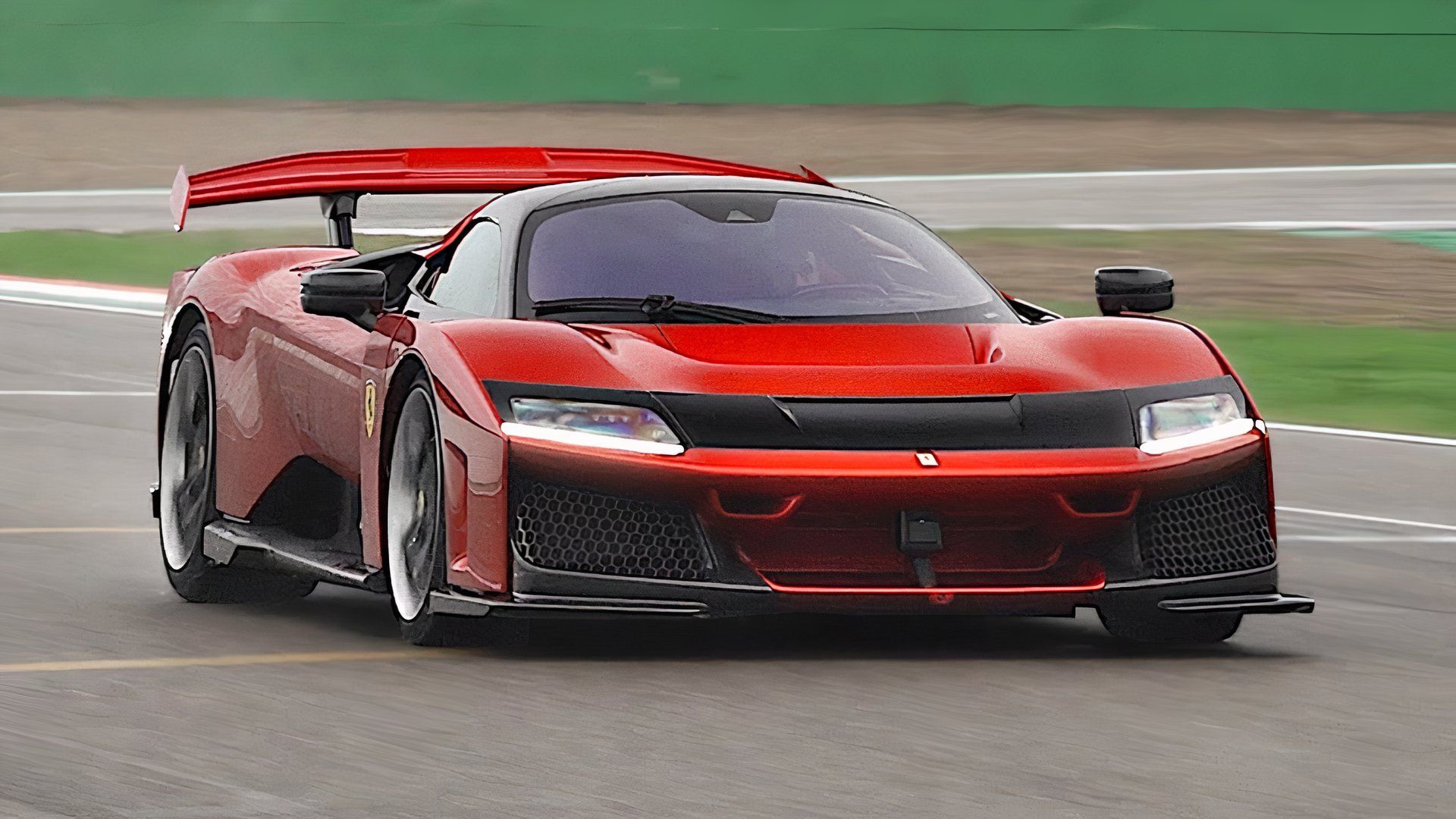 2026 Ferrari F80 Red Front Angled View Track Driving