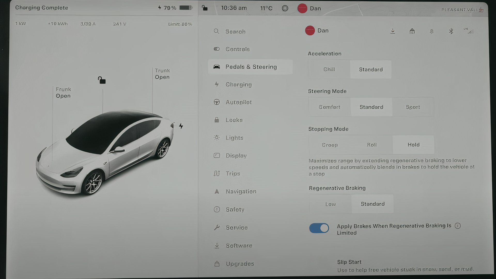 Tesla stopping mode screen