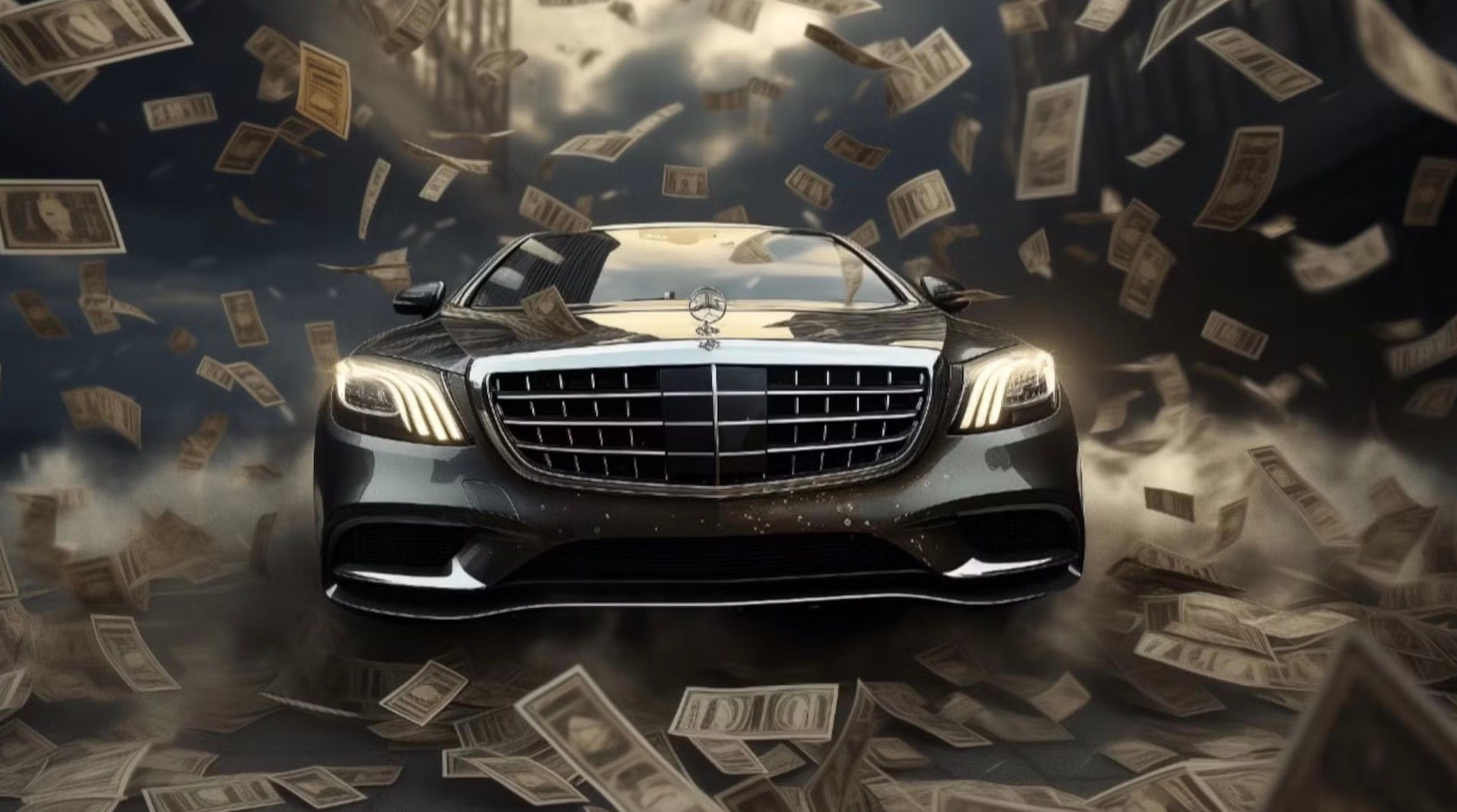 Mercedes surrounded by cash