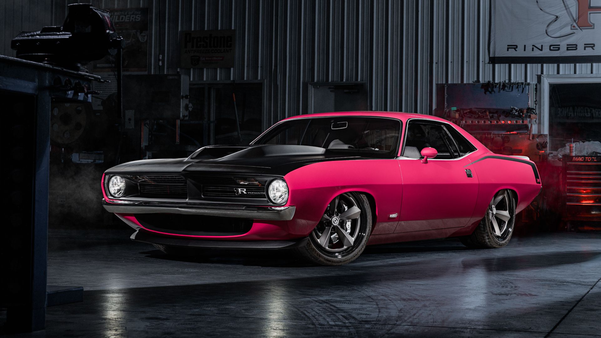 Pink Ringbrothers Infected Hemi Cuda restomod in Ringbrothers garage