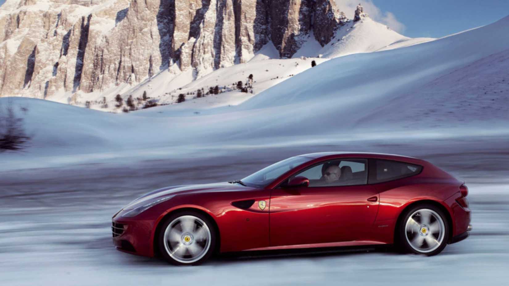 2011-2016 Ferrari FF Burgundy Side View Snow Driving