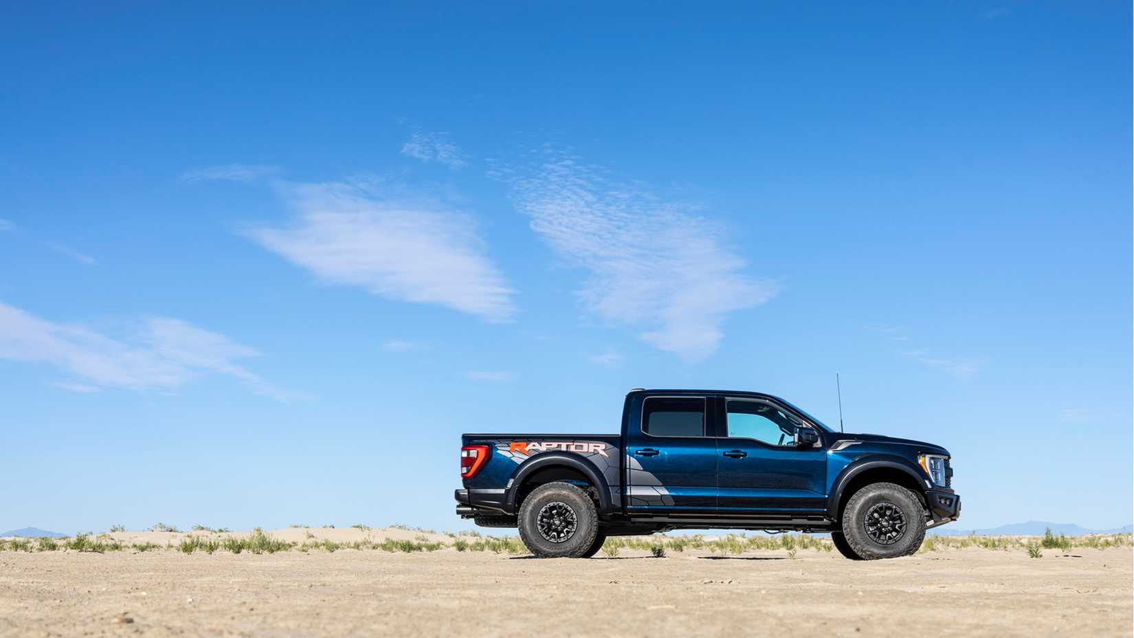 2024 Ford F-150 Raptor R Blue Side View in Desert Low