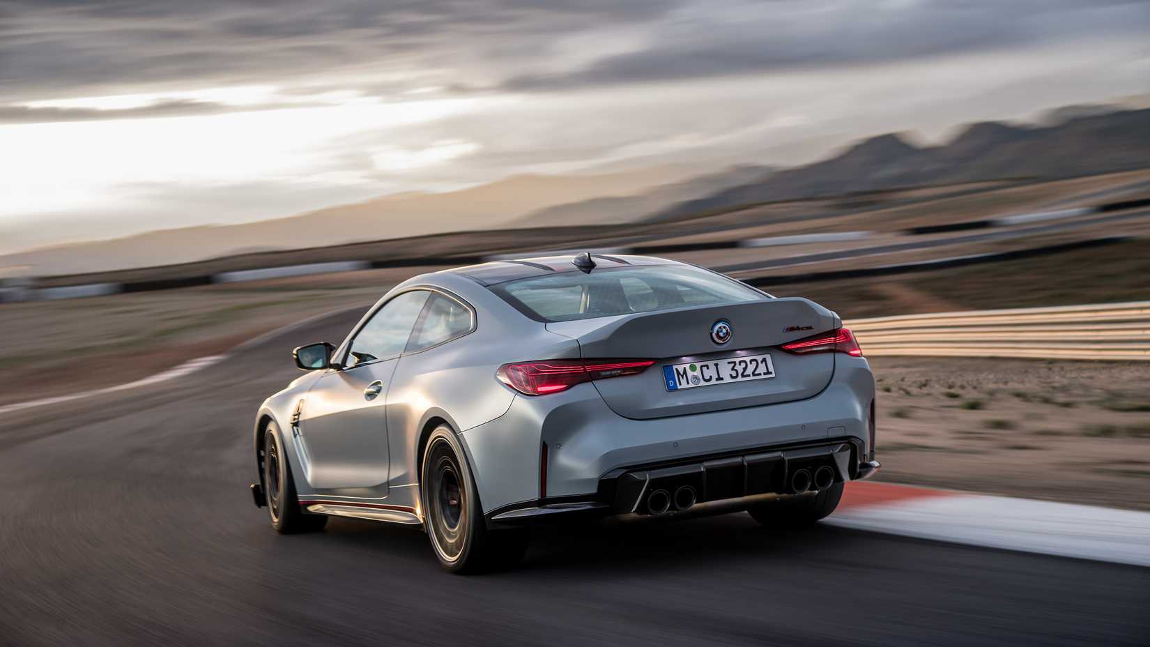 2023 BMW M3 CSL Gray Rear Angled View Track Driving