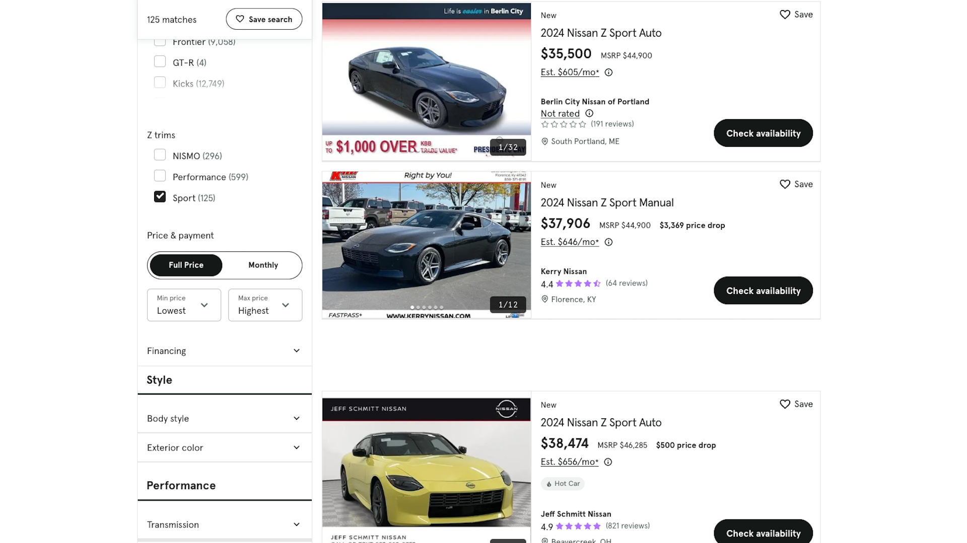 Nissan Z Below MSRP Cars Com Screen Capture February 3, 2025