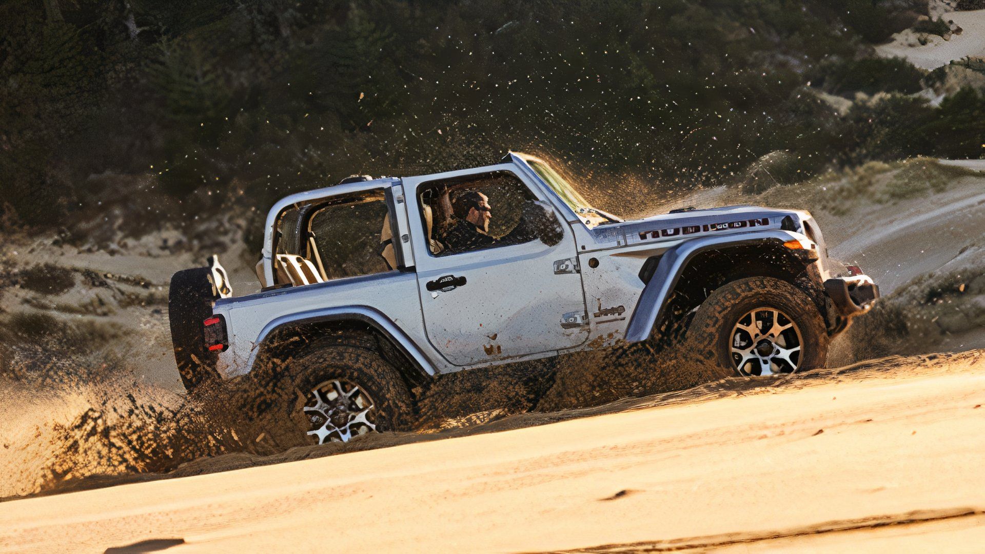 2025 Jeep Wrangler Rubicon 2-dr Silver Side View Sand Driving