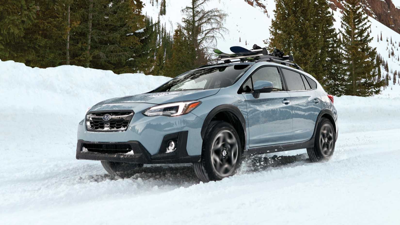 2020 Subaru Crosstrek Blue Front Angled View Snow Driving