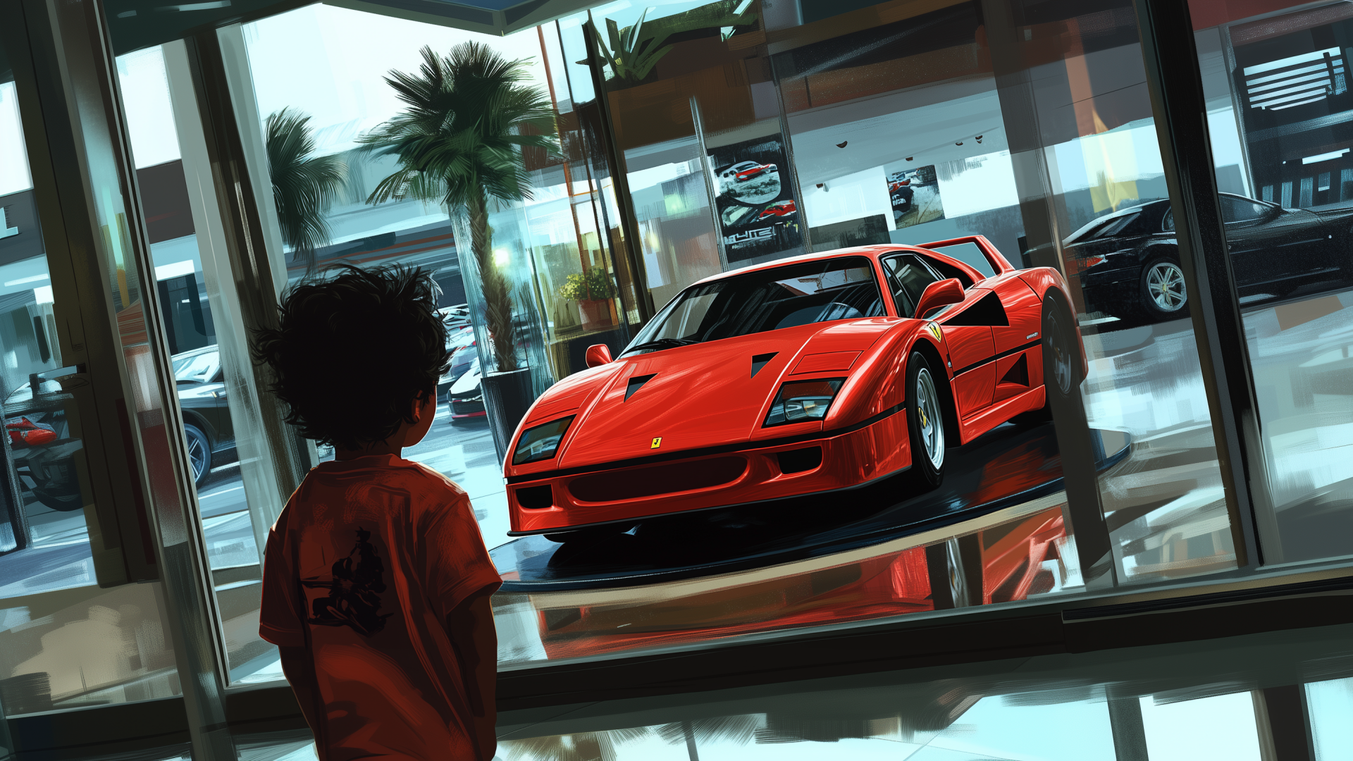 Ferrari F40 که توسط یک کودک در نمایندگی مورد تحسین قرار می گیرد