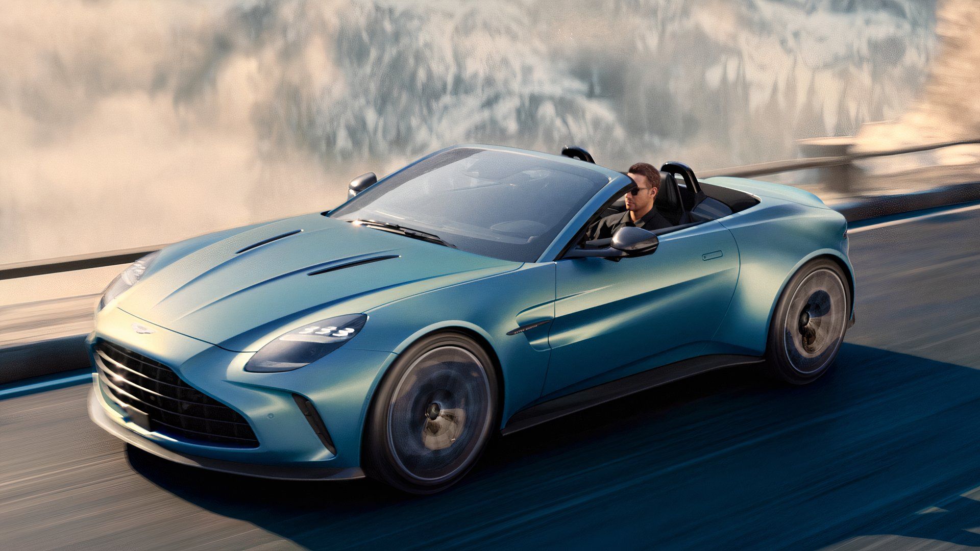 2026 Aston Martin Vantage S Roadster front three-quarter studio shot, roof down