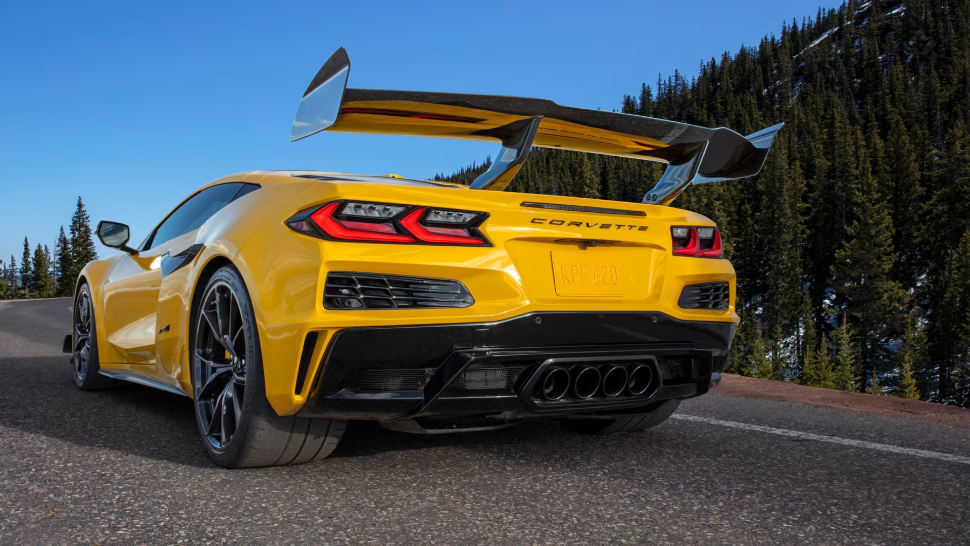 Corvette ZR1 rear with quad exhaust outlets and high downforce wing