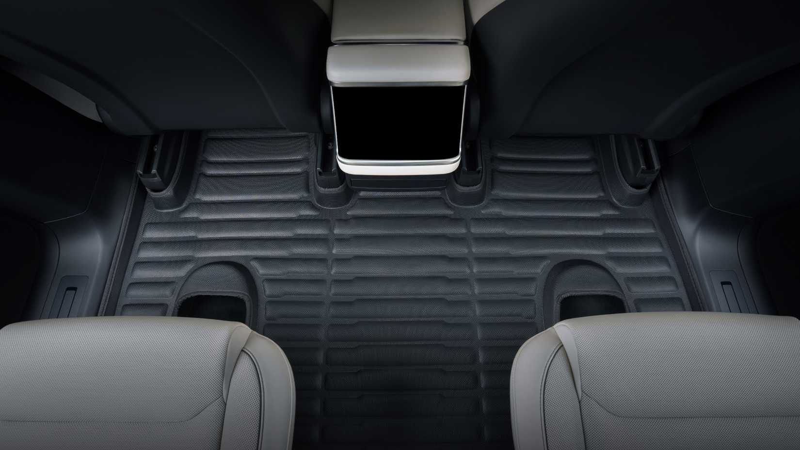 Tesla Model X rear seats with a Tuxmat premium floor mat