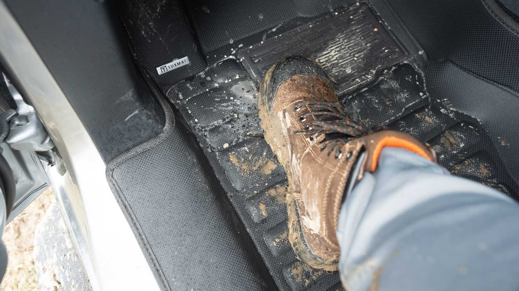 Tuxmat premium floor mat covered in muddy boots