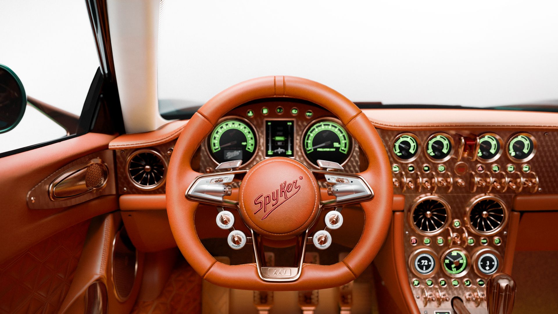 Spyker C8 Preliator XXV dashboard detail with green-backlit analog gauges and rose gold trim