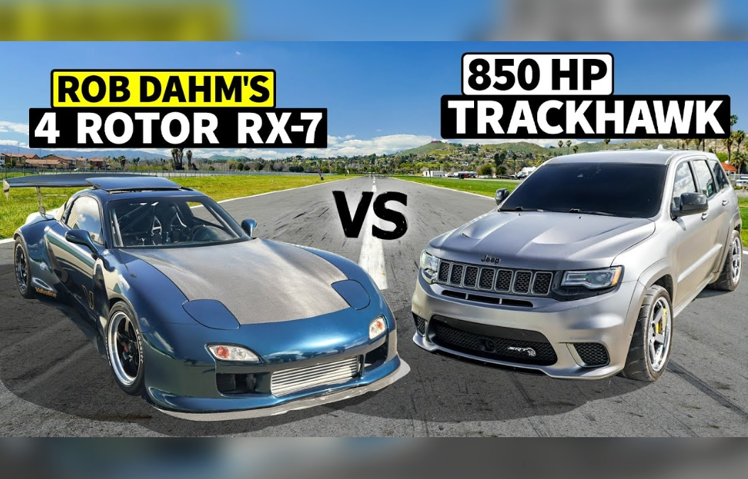 WATCH: Four-Rotor Mazda RX-7 Faces 850-HP Jeep Trackhawk In A Drag Race